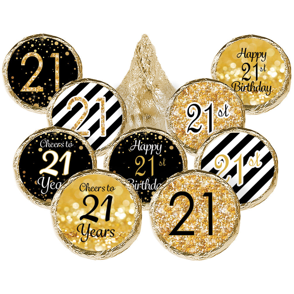 Black and Gold 21st Birthday Stickers - Fits Hershey's Kisses Candy